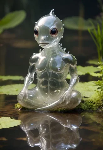 Cute Transparent Creature, Shiny, Glosy, Sitting In A Pond — SDXL AI Prompt: cute transparent creature, shiny, glosy, sitting in a pond