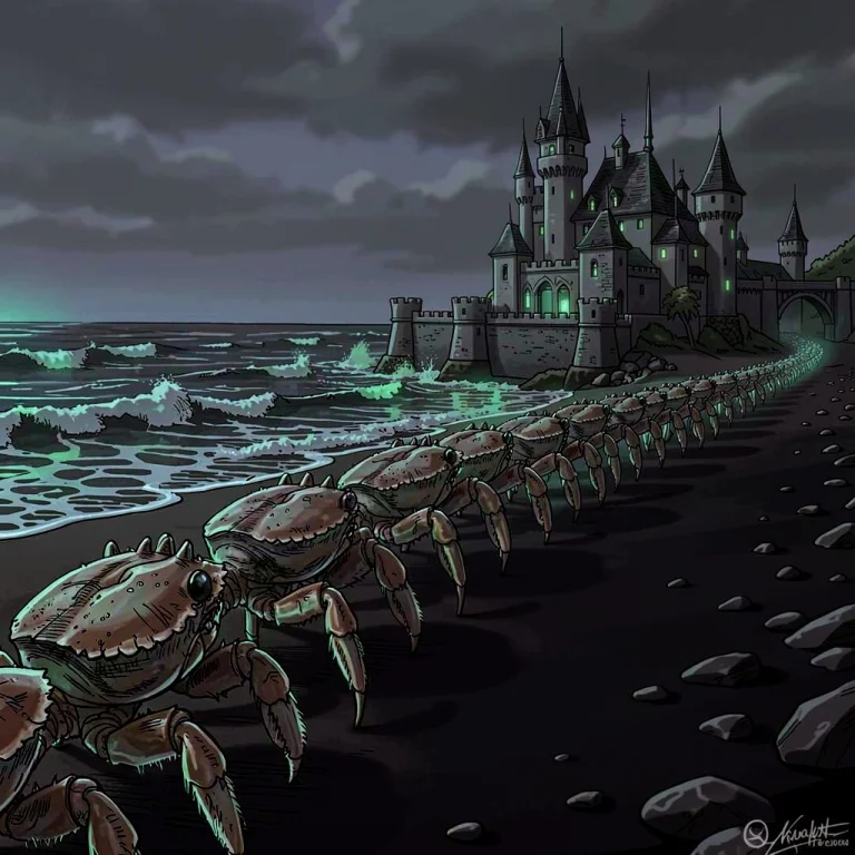 A Crab Fortress Marching Along A Black Beach, Cel Shading, B...