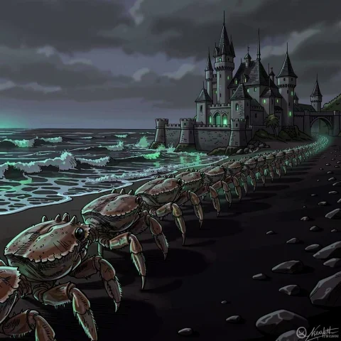 A Crab Fortress Marching Along A Black Beach, Cel Shading, B... — Stable Diffusion AI Prompt: a crab fortress marching along a black beach, cel shading, bioluminescent glow,...
