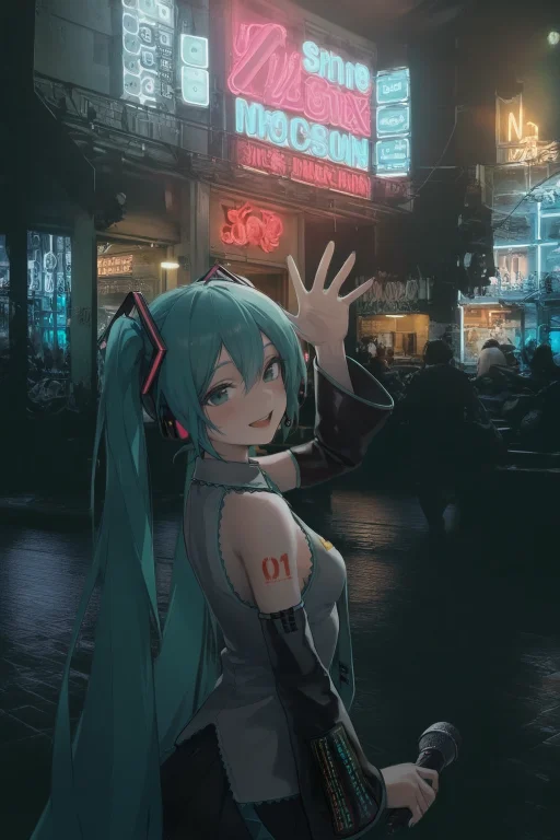 1girl, Hatsune Miku, Waving, Microphone In Hand, Large Smile...