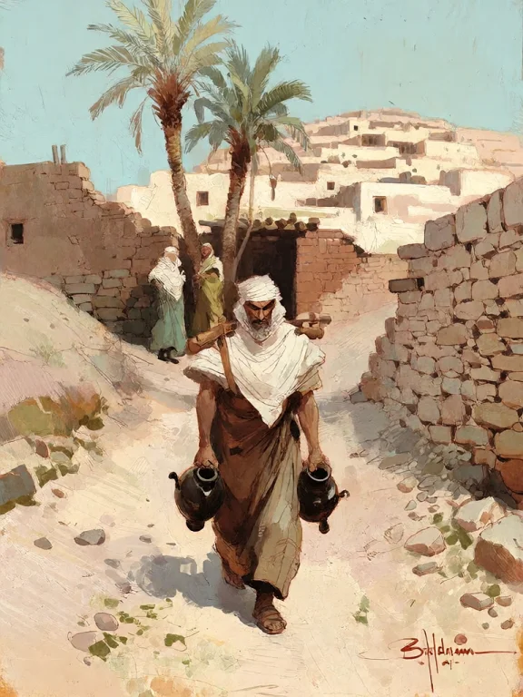 Bradhamel Art Style.a Warm, Sunlit Desert Village Scene Rend...