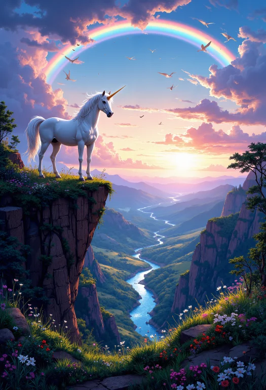 A Majestic White Unicorn Standing On A Cliff Overlooking A V...