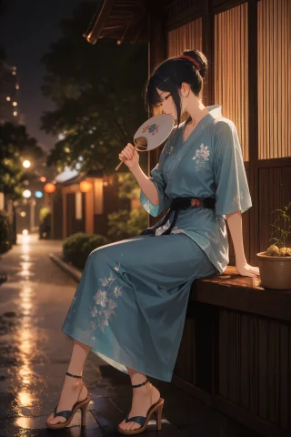 Cinematic 1girl Summer Study Prompt — Stable Diffusion AI Prompt: @Bsq. 1girl, solo, (men's casual jinbei:1.1), indigo cotton, simple woven stripe...