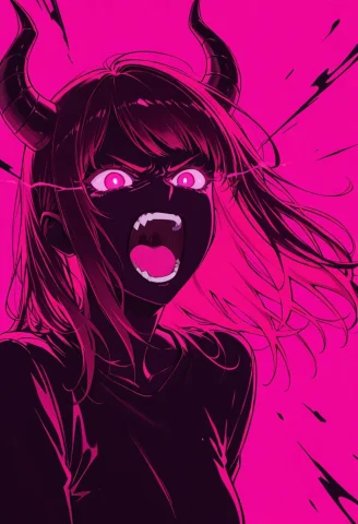 1girl, Demon Girl, Angry, Screaming, Glowing Eyes, Horns, Bl... — Stable Diffusion AI Prompt: 1girl, demon girl, angry, screaming, glowing eyes, horns, black and pink palette...