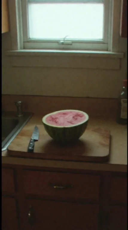 A Half Watermelon Sits On A Worn Wooden Cutting Board At The...