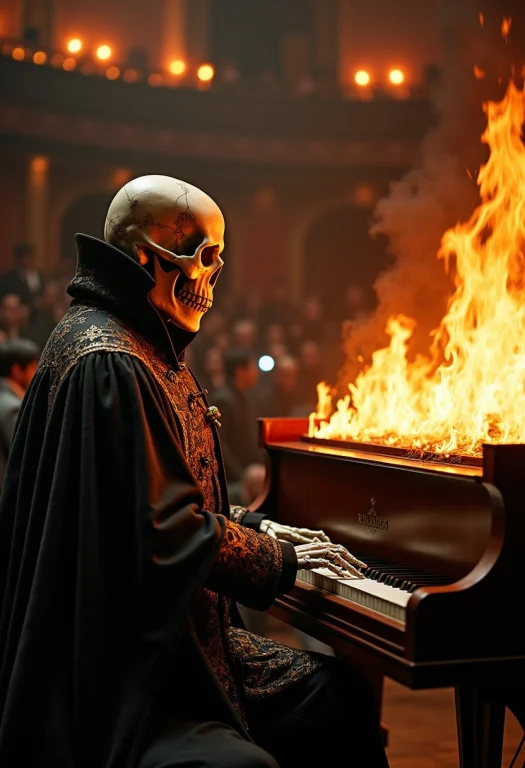A Skeleton Wearing A Victorian Inverness Cape, Playing A Pia...