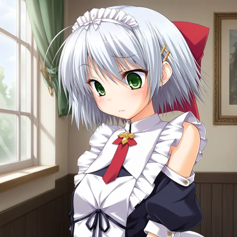 Nhmkanami,green Eyes,white Hair,short Hair,hair Bow,hairclip...