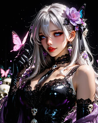 Bug, Butterfly, 1girl, Flower, Gloves, Black Gloves, Earring... — Stable Diffusion AI Prompt: bug, butterfly, 1girl, flower, gloves, black gloves, earrings, skull, solo, hair...