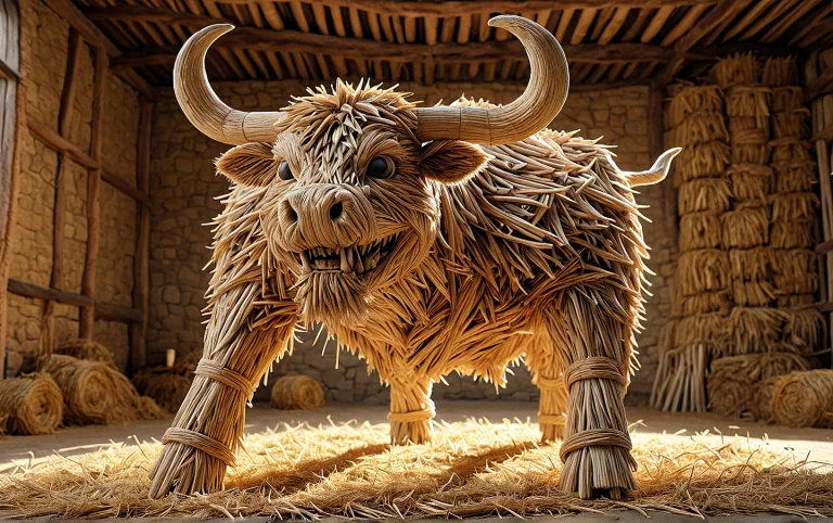 Spanish Straw Bull Sculpture Jumps And Take A Salto, Big Smi...