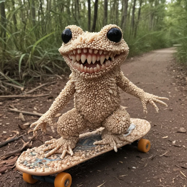A Very Cute Frog Made Entirely Of Incisors, Riding A Skatebo...