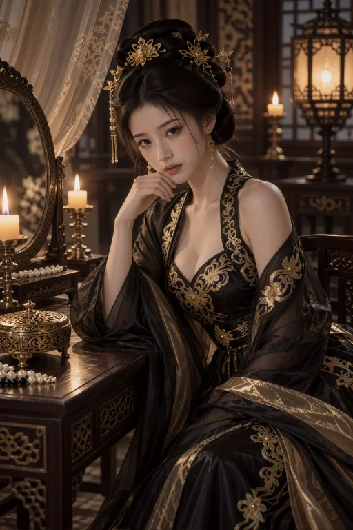 金色灯光下的梳妆台旁,一名年轻中国女子穿黑金礼服坐着沉思,身...