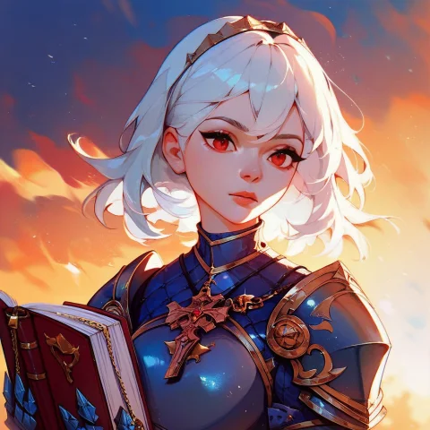 Aesthetic Knight Holding Book at Sunset — Stable Diffusion AI Prompt: score_9, score_8_up, score_7_up, score_6_up, 1girl, solo, medium hair, white hai...