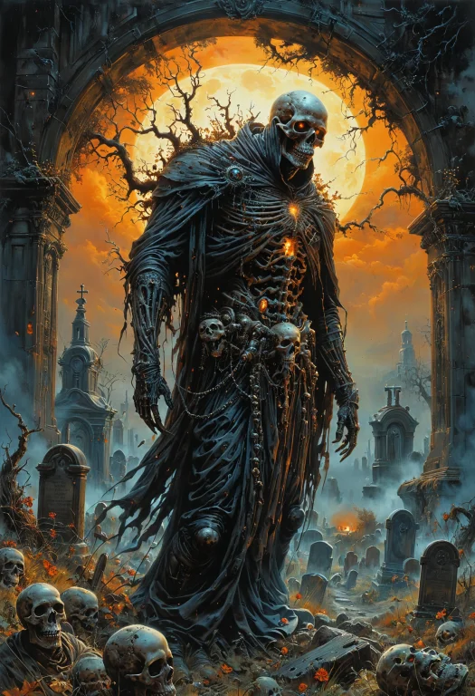 Horror, Old Spooky Cemetary, Enchanting Landscape In The Eve...