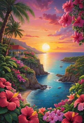 Tropical Coast At Sunset With Blooming Hibiscus, Frangipani,... — SDXL AI Prompt: Tropical coast at sunset with blooming hibiscus, frangipani, and bougainvillea,...
