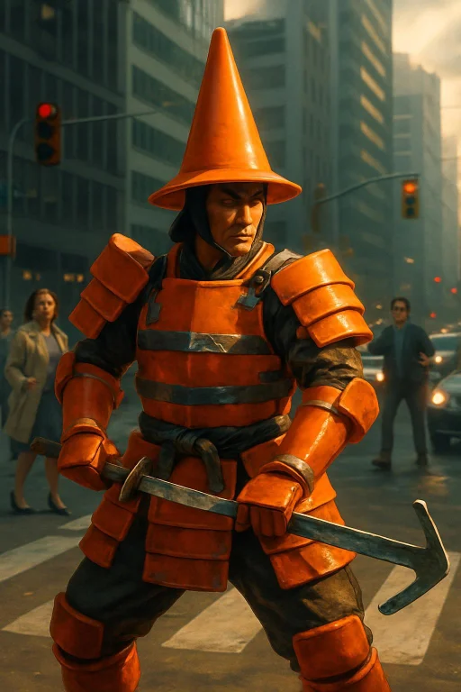 A Comically Serious Samurai Stands In A Dramatic Battle Pose...