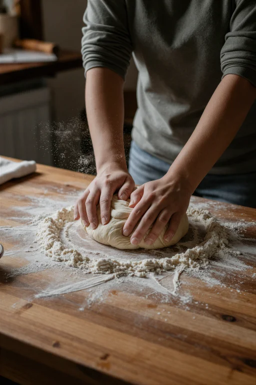 A Woman Kneads Bread Dough On A Flour-dusted Wooden Counter,...