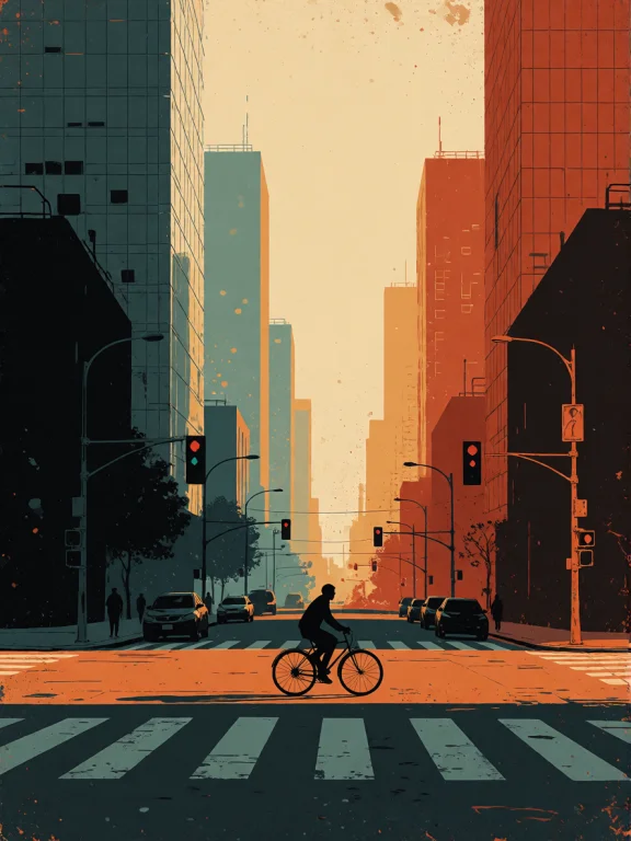 Flat Narrative Screen-print Illustration, Mural-like Urban C...