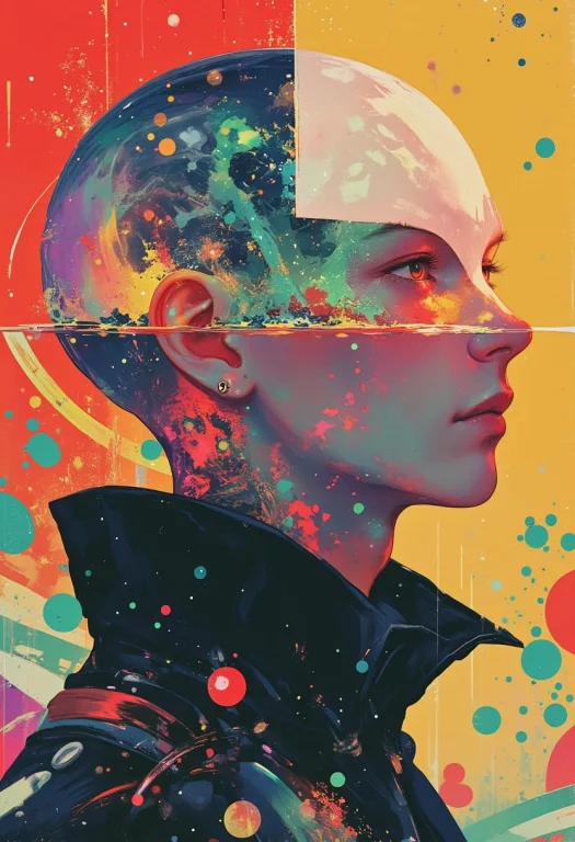 This Is A Highly Stylized, Digital Artwork Featuring A Close...