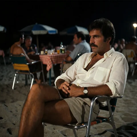 Loragodfather1a Man Sitting At A Beach Club At Night, 1970s... — Stable Diffusion AI Prompt: A man sitting at a beach club at night, 1970s film grain, in godfstyle style