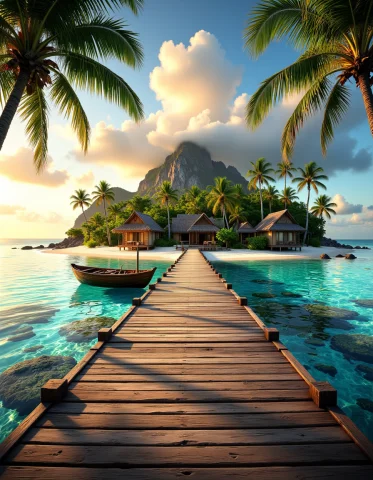 Dreamy Island Resort Photo — Stable Diffusion AI Prompt: aidmaHiDreamStyle, A photorealistic depiction of a remote tropical island resort...