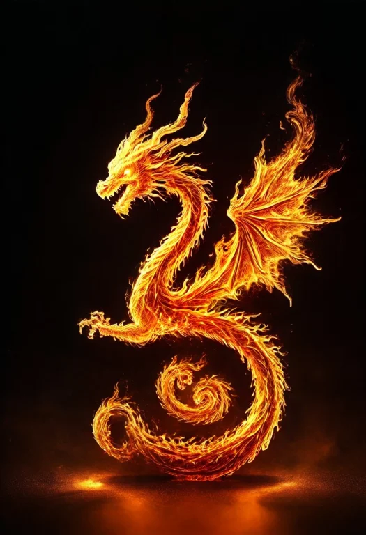Made Of Fire, Dragon Figurine Made Out Of Flames, Glowing Em...