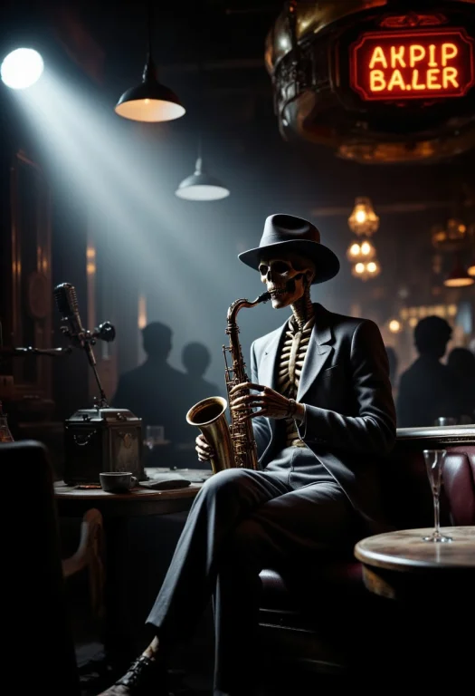 A 1930s Noir-themed Skeleton Sits Coolly In A Dimly Lit Jazz...