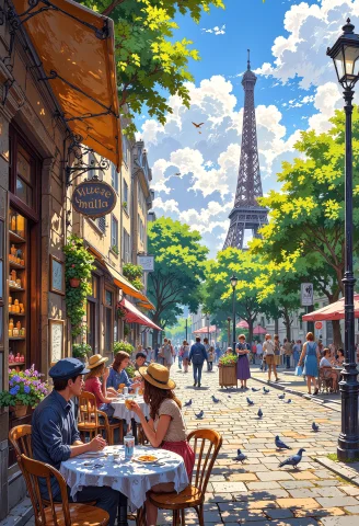 A Charming Parisian Caf On A Cobblestone Street, Where Elega... — FLUX AI Prompt: A charming Parisian café on a cobblestone street, where elegantly dressed touris...