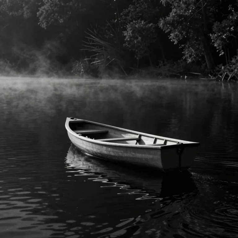 A Rowboat Drifting On A Still, Black Lake, Vaporwave Aesthet...