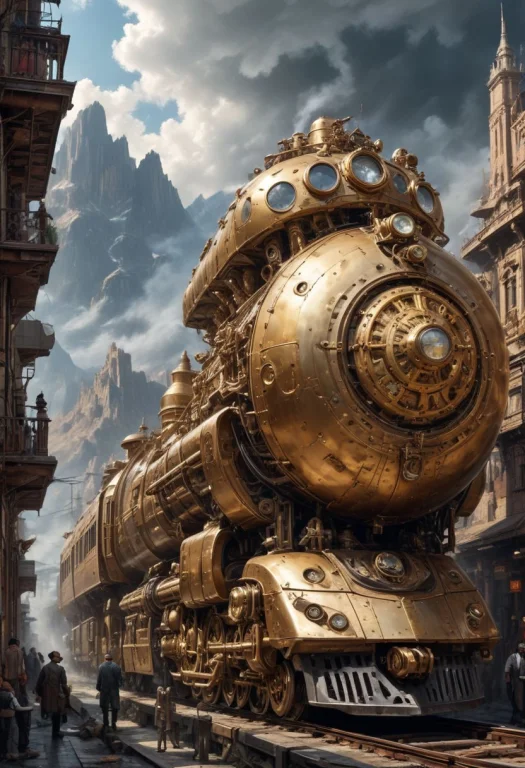 Massive Steampunk Train, Intricate Mechanical Details, Metal...