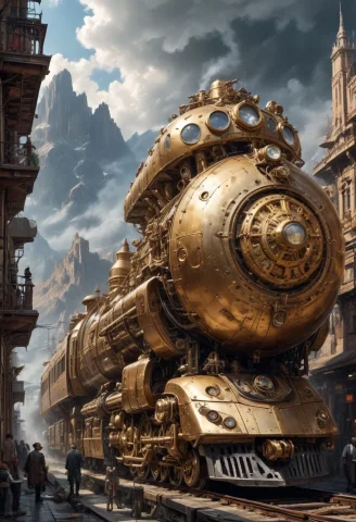 Massive Steampunk Train, Intricate Mechanical Details, Metal... — SDXL AI Prompt: Massive steampunk train, intricate mechanical details, metallic surfaces, white...