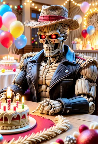 A High-rated Straw Sculpture Of The Terminator T-800 Sitting... — SDXL AI Prompt: A high-rated straw sculpture of the Terminator (T-800) sitting at a festive part...
