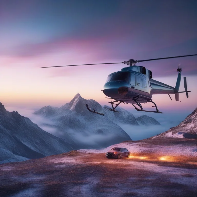 A Helicopter Lifting Off From A Mountain Pad, Iridescent Lig...