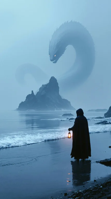 On A Quiet Shoreline At Dawn, A Titanic Sea Serpent Coils Ar...