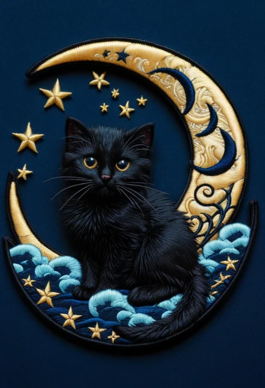 8k, Raw Digital Photo, A Black Cat Curled Around A Crescent...
