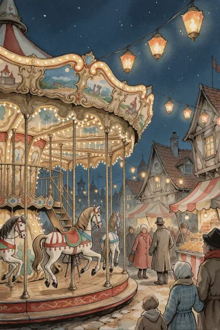 Golden Lanterns Carousel Prompt — Stable Diffusion AI Prompt: apieckstyle, a romantic old-fashioned carousel turning beneath strings of golden...
