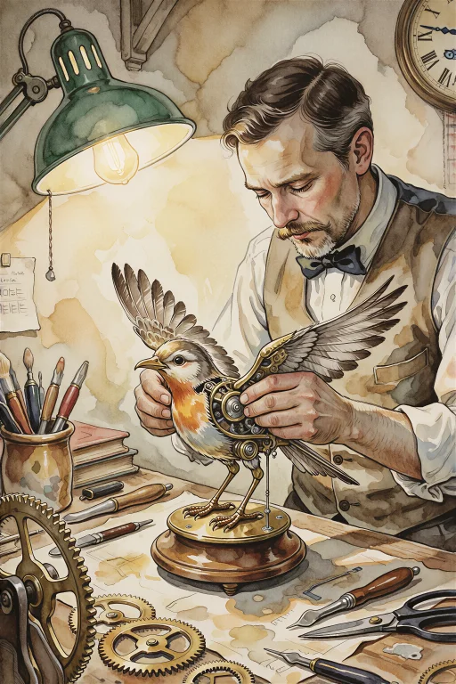 The Clockmaker Carefully Assembles A Small Mechanical Bird A...