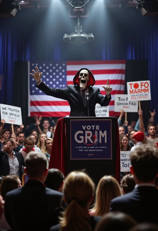 A Semi-realistic Grim Reaper Running For Office, Standing At...
