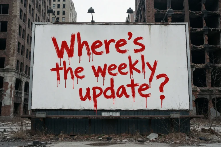 A White Billboard In A Dilapidated Abandoned City. The Text...