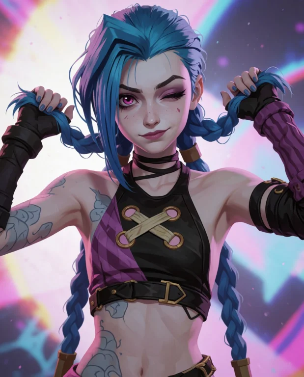 Cinematic Shot Of Jinx, Pulling Own Pigtails, Sticking Tongu...