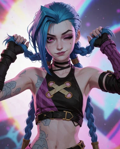 Cinematic Shot Of Jinx, Pulling Own Pigtails, Sticking Tongu... — Stable Diffusion AI Prompt: Cinematic shot of jinx, pulling own pigtails, sticking tongue out playfully and...