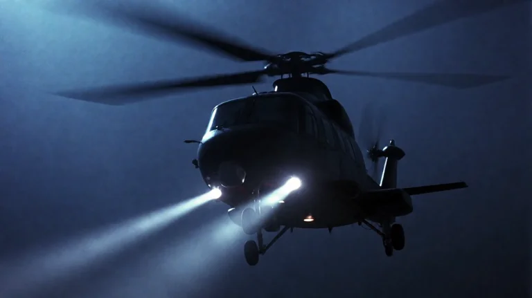 Rgnfr2002, A Dark, Sleek Helicopter Hovers In A Dense, Misty...