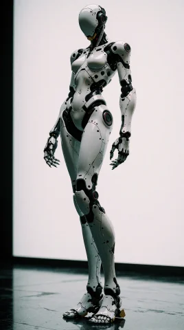 A Full-length Studio Shot Of An Elegant Futuristic Cyborg Un... — Stable Diffusion AI Prompt: A full-length studio shot of an elegant futuristic cyborg unit in a minimalist p...