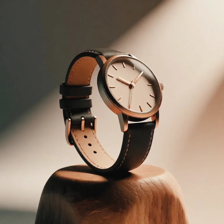 A Leather-strap Wristwatch Displayed Upright On A Rounded Wo...