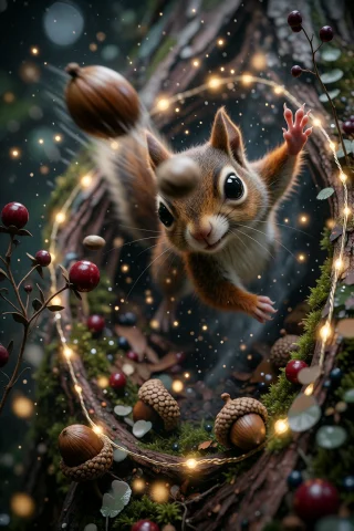 Angry Squirrel in Tree Hole Cifzy — Stable Diffusion AI Prompt: A tiny, floofy extremely angry squirrel of chibi proportions stands amidst the o...
