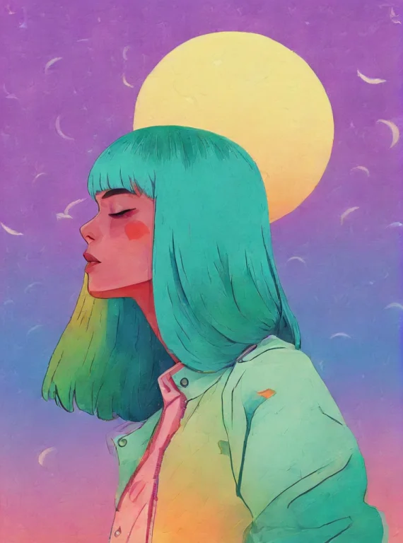 1girl, Bangs, Sea-green Jacket, Blue Hair, Crescent Moon, Ev...