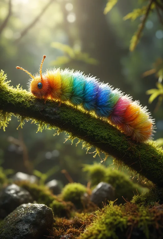 A Photo Of A Rainbow Colored Caterpillar On A Moss Covered B...