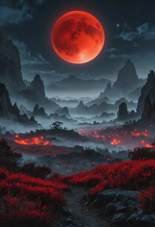 A Mysterious, Fog-shrouded Landscape Illuminated By A Deep R...