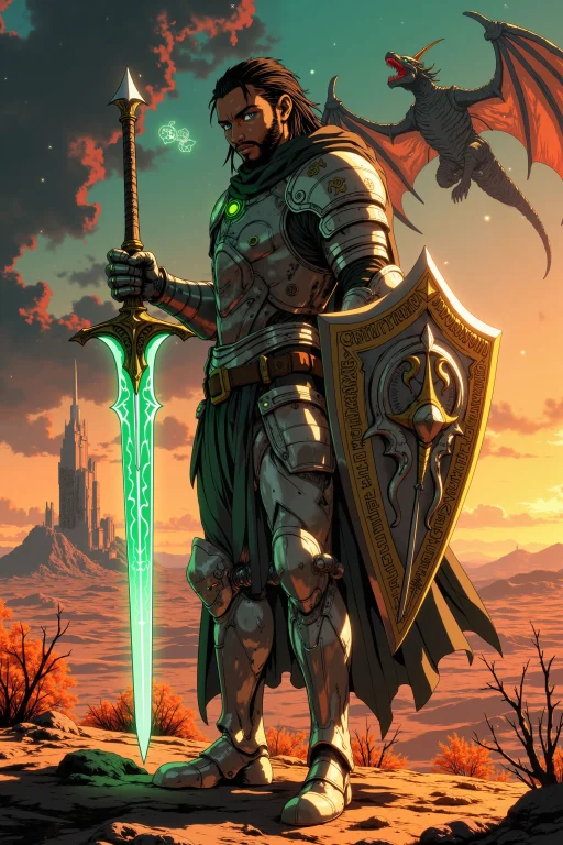 Ne0nfant4sy, A Space-faring Knight, Clad In Sleek, Silver Ar...