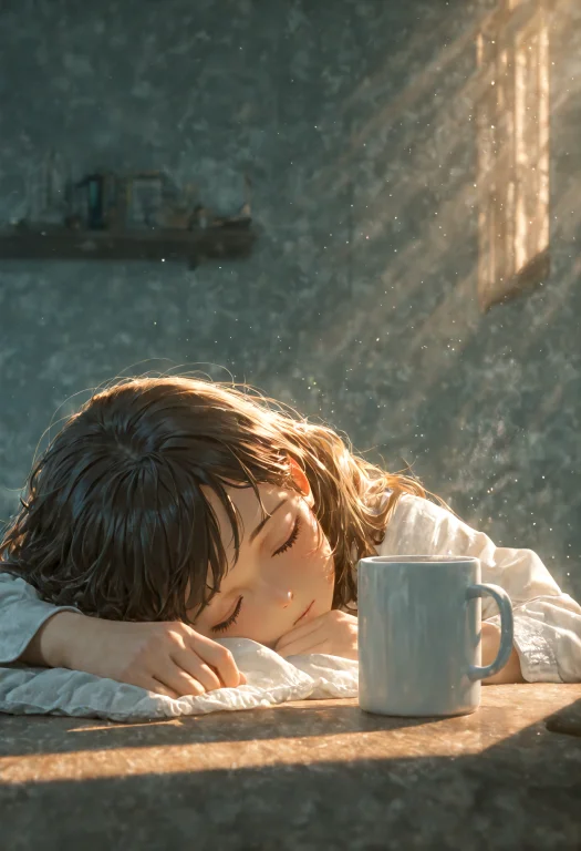 Coffee Mug Focus, Room, 1girl Background, Sleep Face Down On...