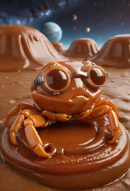 Closeup Cute Small Mecha Crab Made Of Caramel Sauce, Wear Ro...